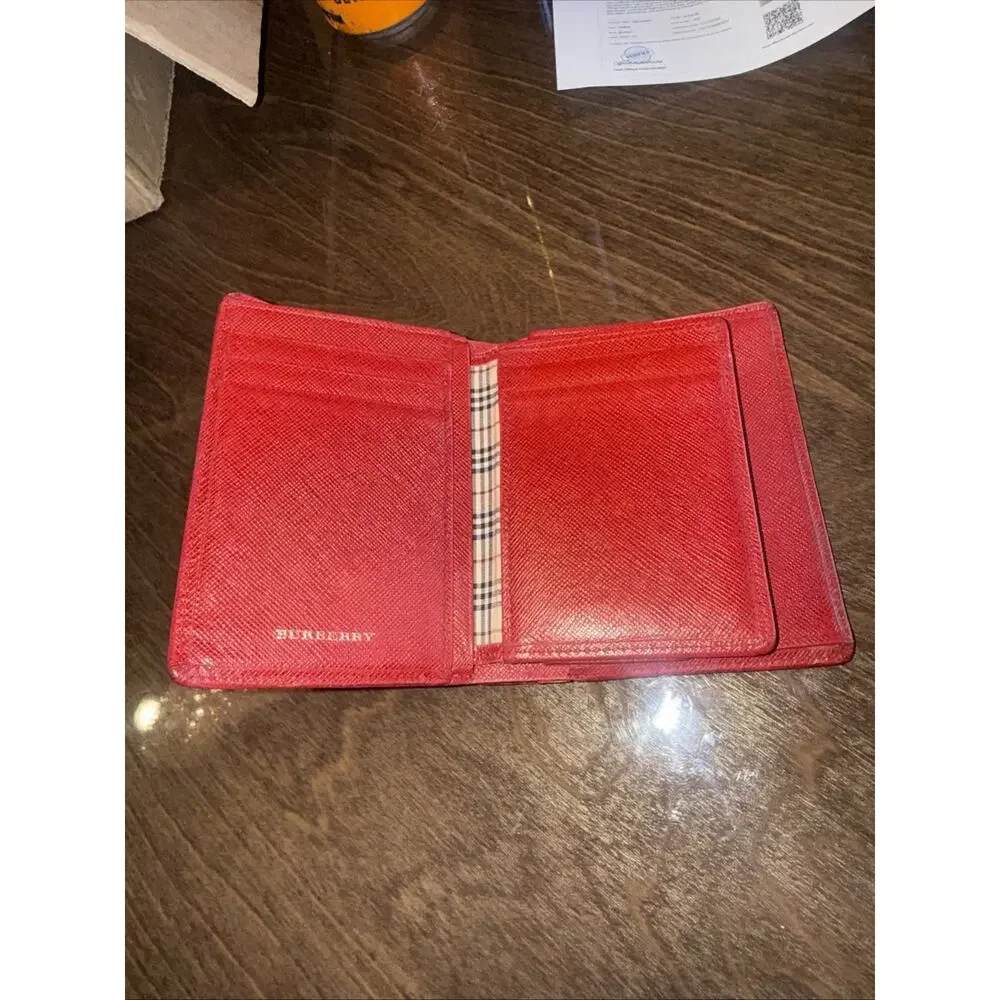 Burberry Red Leather Wallet Card Holder Coin Purse Nova Check